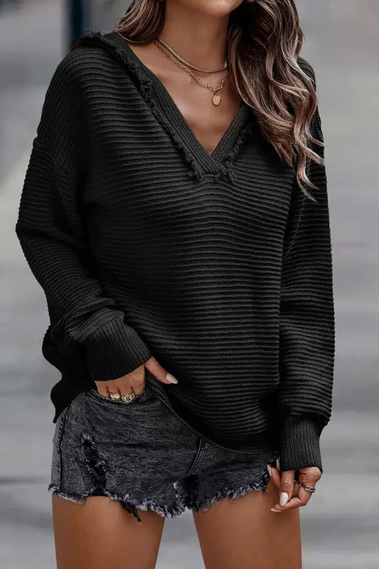 Ribbed drop shoulder hooded sweater - sweaters