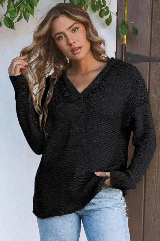 Ribbed Drop Shoulder Hooded Sweater - Fashionfitz