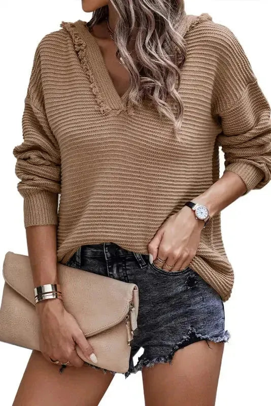 Ribbed Drop Shoulder Hooded Sweater - Fashionfitz