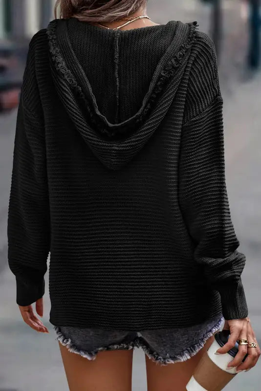 Ribbed drop shoulder hooded sweater - sweaters