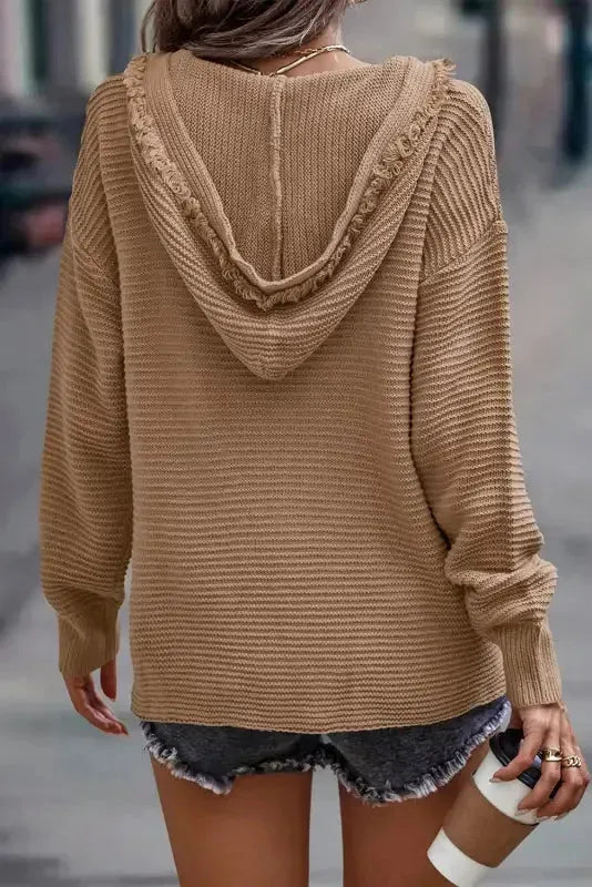 Ribbed Drop Shoulder Hooded Sweater - Fashionfitz