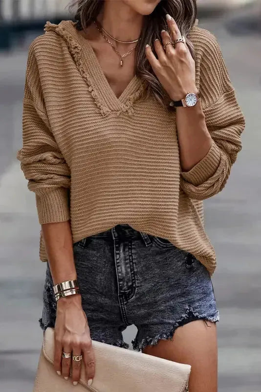 Ribbed Drop Shoulder Hooded Sweater - Fashionfitz