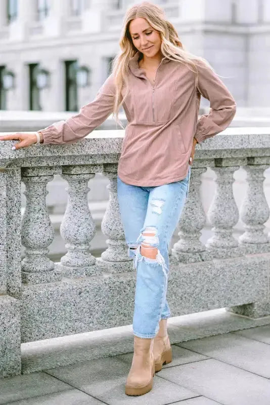 Ribbed Half Zip Collared Sweatshirt - Apricot - Fashionfitz