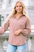 Ribbed Half Zip Collared Sweatshirt - Apricot - Fashionfitz