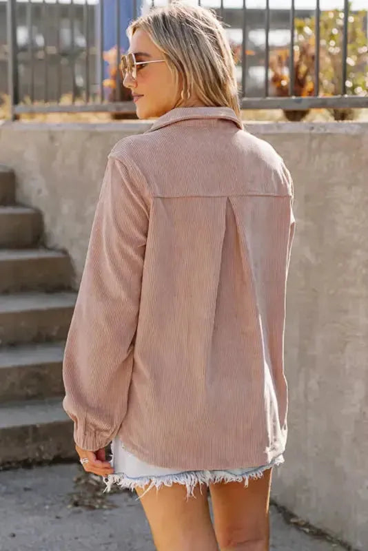 Ribbed Half Zip Collared Sweatshirt - Apricot - Fashionfitz