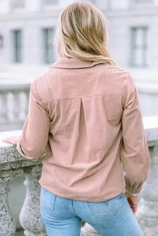 Ribbed Half Zip Collared Sweatshirt - Apricot - Fashionfitz