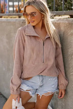 Ribbed Half Zip Collared Sweatshirt - Apricot - Fashionfitz