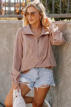 Ribbed Half Zip Collared Sweatshirt - Apricot - Fashionfitz