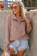 Ribbed Half Zip Collared Sweatshirt - Apricot - Fashionfitz