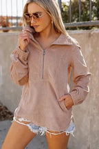 Ribbed Half Zip Collared Sweatshirt - Apricot - Fashionfitz