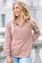 Ribbed Half Zip Collared Sweatshirt - Apricot - Fashionfitz