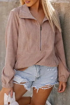 Ribbed Half Zip Collared Sweatshirt - Apricot - Fashionfitz