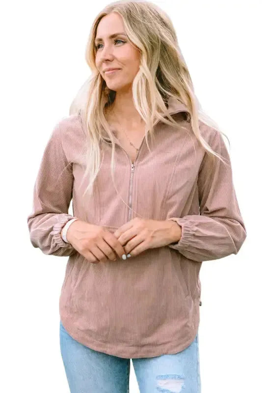 Ribbed Half Zip Collared Sweatshirt - Apricot - Fashionfitz