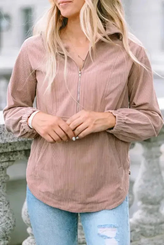 Ribbed Half Zip Collared Sweatshirt - Apricot - Fashionfitz