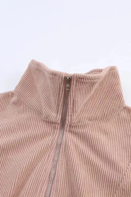 Ribbed Half Zip Collared Sweatshirt - Apricot - Fashionfitz