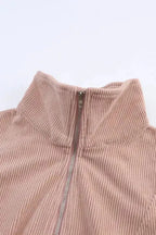 Ribbed Half Zip Collared Sweatshirt - Apricot - Fashionfitz