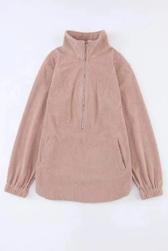 Ribbed Half Zip Collared Sweatshirt - Apricot - Fashionfitz