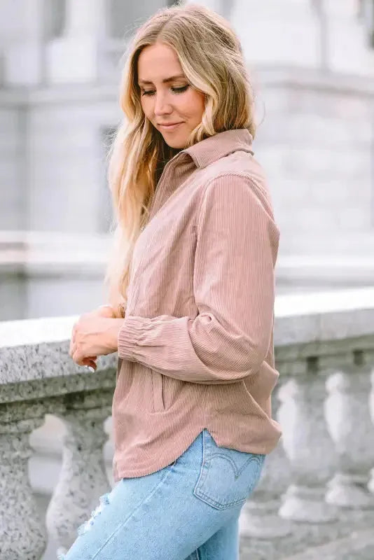 Ribbed Half Zip Collared Sweatshirt - Apricot - Fashionfitz