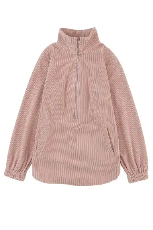 Ribbed Half Zip Collared Sweatshirt - Apricot - Fashionfitz