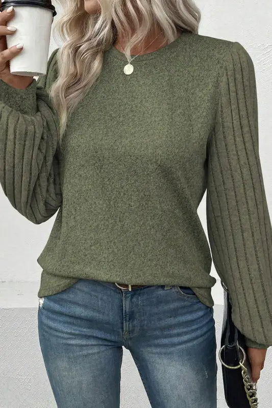 Ribbed knit bishop sleeve top - jungle green / s / 95% polyester + 5% elastane - sweaters