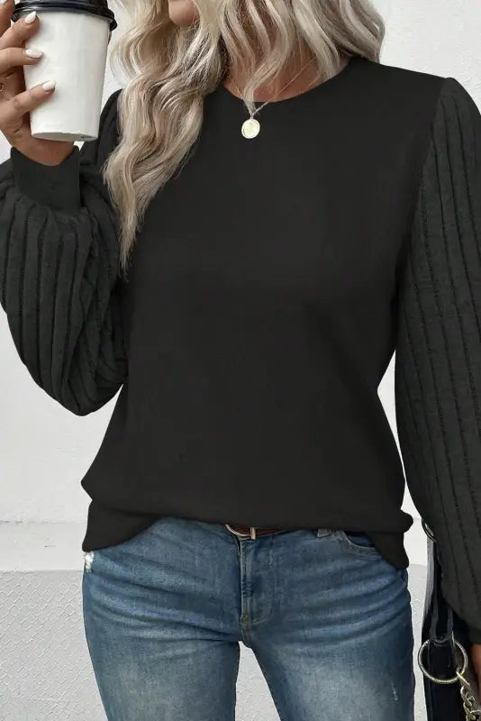 Ribbed knit bishop sleeve top - black / s / 95% polyester + 5% elastane - sweaters