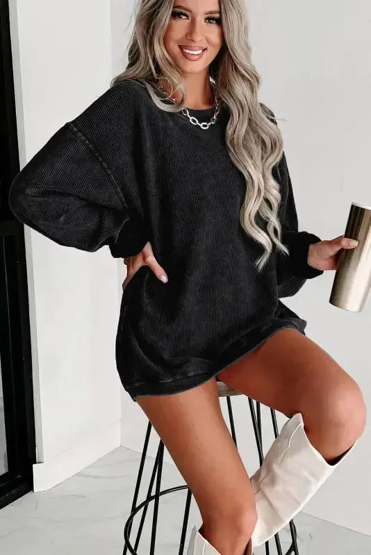 Ribbed Knit Round Neck Pullover Sweatshirt - Fashionfitz