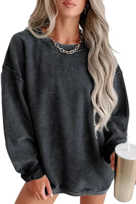 Ribbed Knit Round Neck Pullover Sweatshirt - Fashionfitz