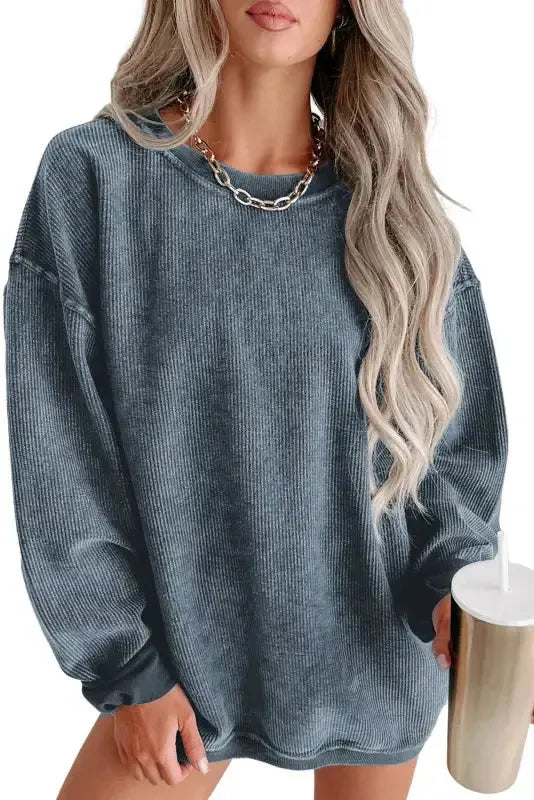 Ribbed Knit Round Neck Pullover Sweatshirt - Fashionfitz