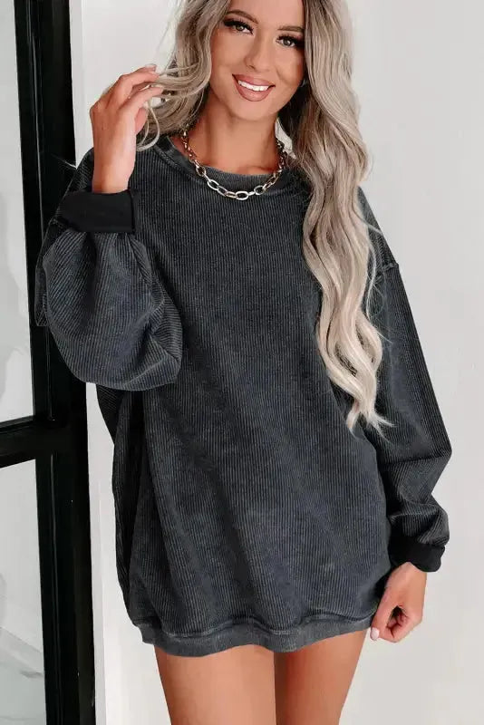 Ribbed Knit Round Neck Pullover Sweatshirt - Fashionfitz