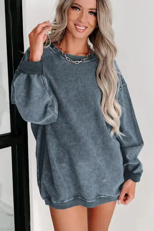 Ribbed Knit Round Neck Pullover Sweatshirt - Fashionfitz