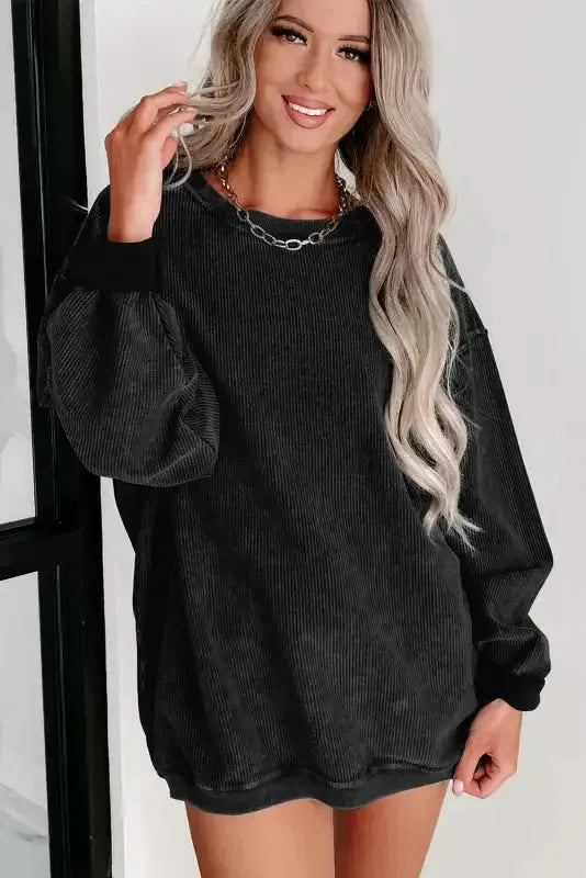 Ribbed Knit Round Neck Pullover Sweatshirt - Fashionfitz