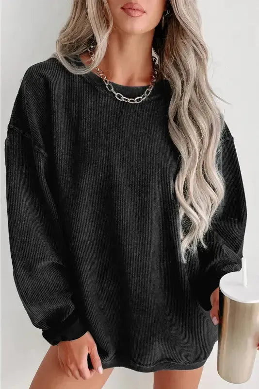 Ribbed Knit Round Neck Pullover Sweatshirt - Fashionfitz