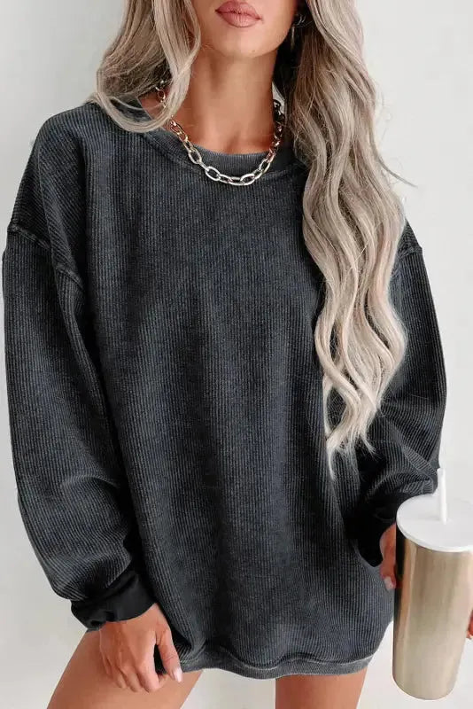 Ribbed Knit Round Neck Pullover Sweatshirt - Fashionfitz