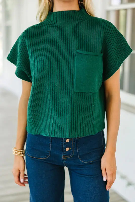 Ribbed knit short sleeve sweater - patch pocket