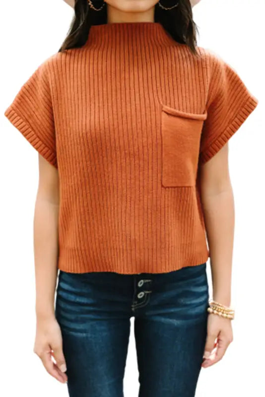 Ribbed knit short sleeve sweater - patch pocket