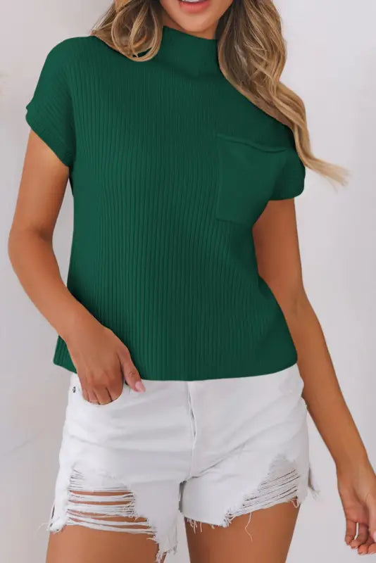 Ribbed knit short sleeve sweater - patch pocket