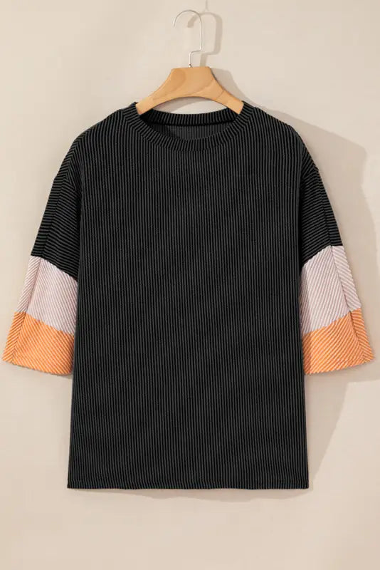 Ribbed knit top - quarter sleeve light pink color block - tops & tees