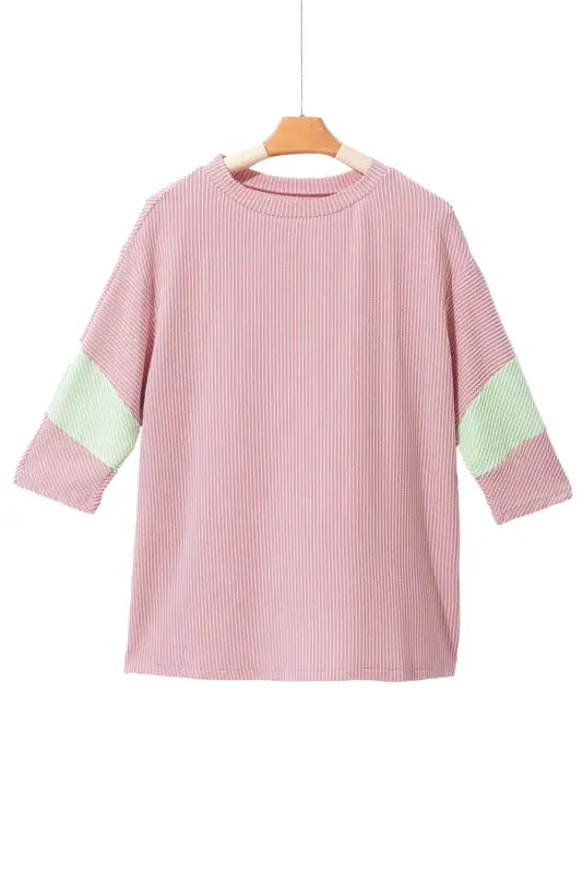 Ribbed knit top - quarter sleeve light pink color block - tops & tees