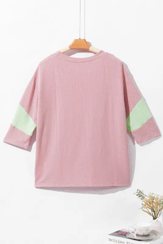 Ribbed knit top - quarter sleeve light pink color block - tops & tees