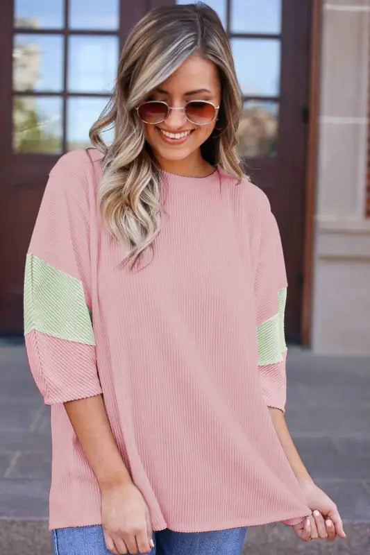 Ribbed knit top - quarter sleeve light pink color block - tops & tees