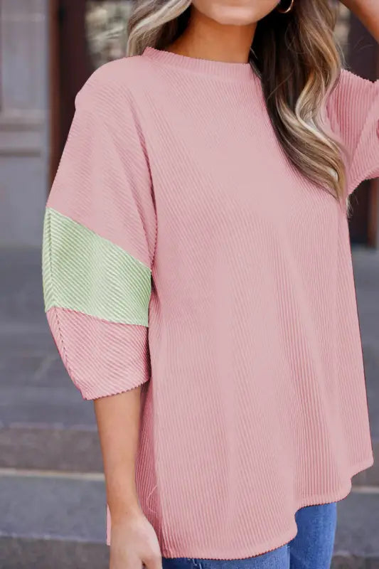 Ribbed knit top - quarter sleeve light pink color block - tops & tees