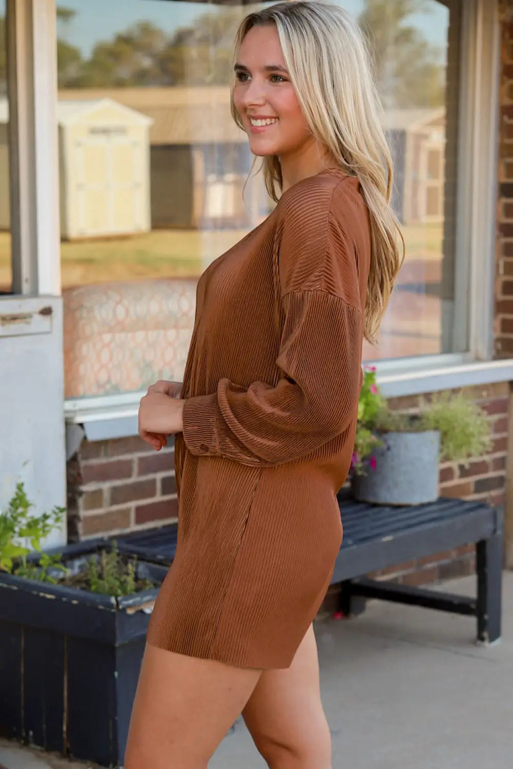 Ribbed long sleeve button front romper - jumpsuits & rompers