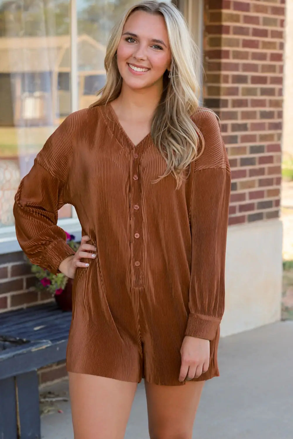 Ribbed long sleeve button front romper - orange / l / 100% polyester - jumpsuits & rompers