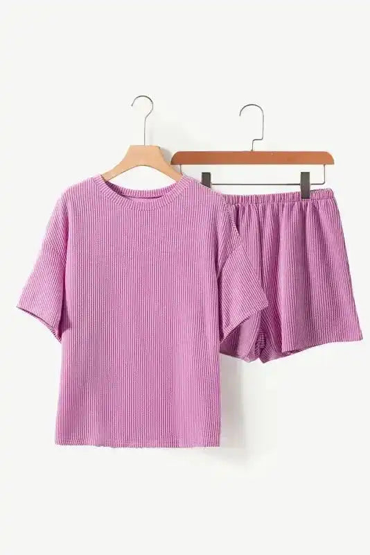 Ribbed Loose Fit Tee and Shorts Set - Fashionfitz