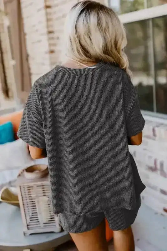 Carbon grey ribbed tee shorts set back view — Fashionfitz UK