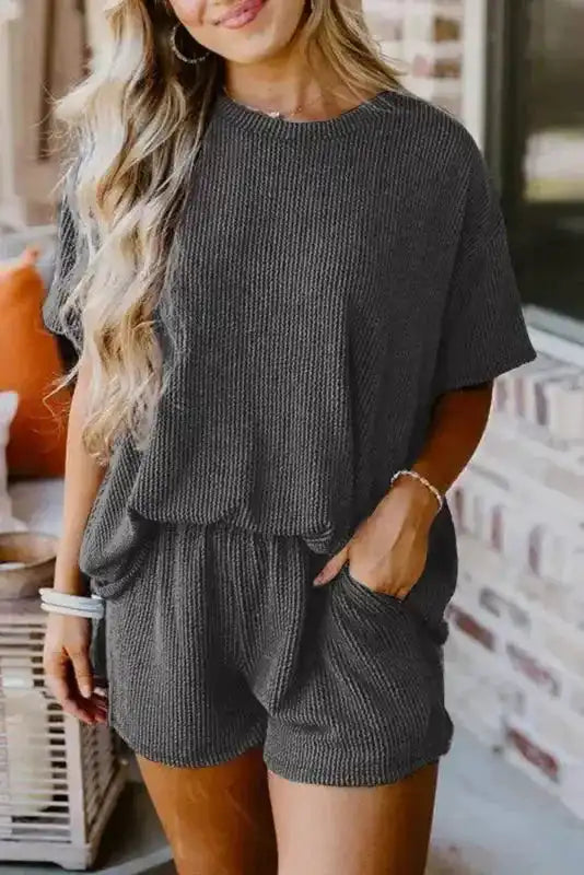 Carbon grey ribbed loose fit tee and shorts set front view — Fashionfitz UK