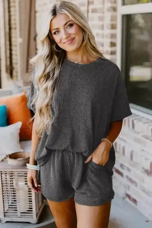 Ribbed Loose Fit Tee and Shorts Set - Fashionfitz