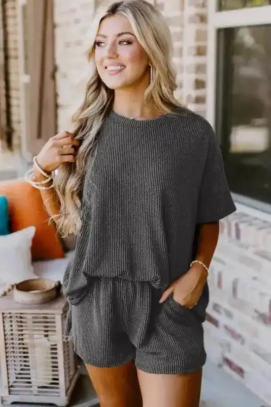 Ribbed Loose Fit Tee and Shorts Set - Fashionfitz