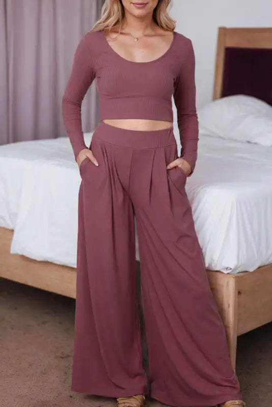 Ribbed outfit set - crop top palazzo pants - sets