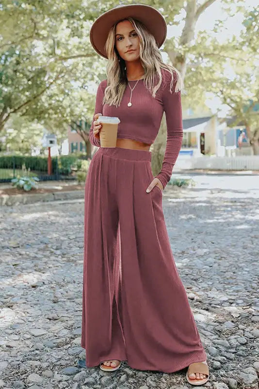 Ribbed outfit set - crop top palazzo pants - sets